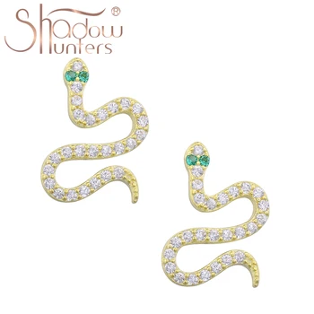 

SHADOWHUNTERS Authentic 925 Sterling Silver Snake Stud Earrings With Green Eyes Stone For Women Sterling Silver Jewelry Gift New