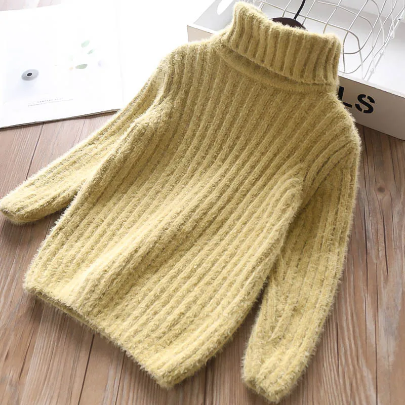 Light Yellow Осенне-зимние вязаные свитера с высоким воротником для девочек, детская одежда - Цвет: Light Yellow