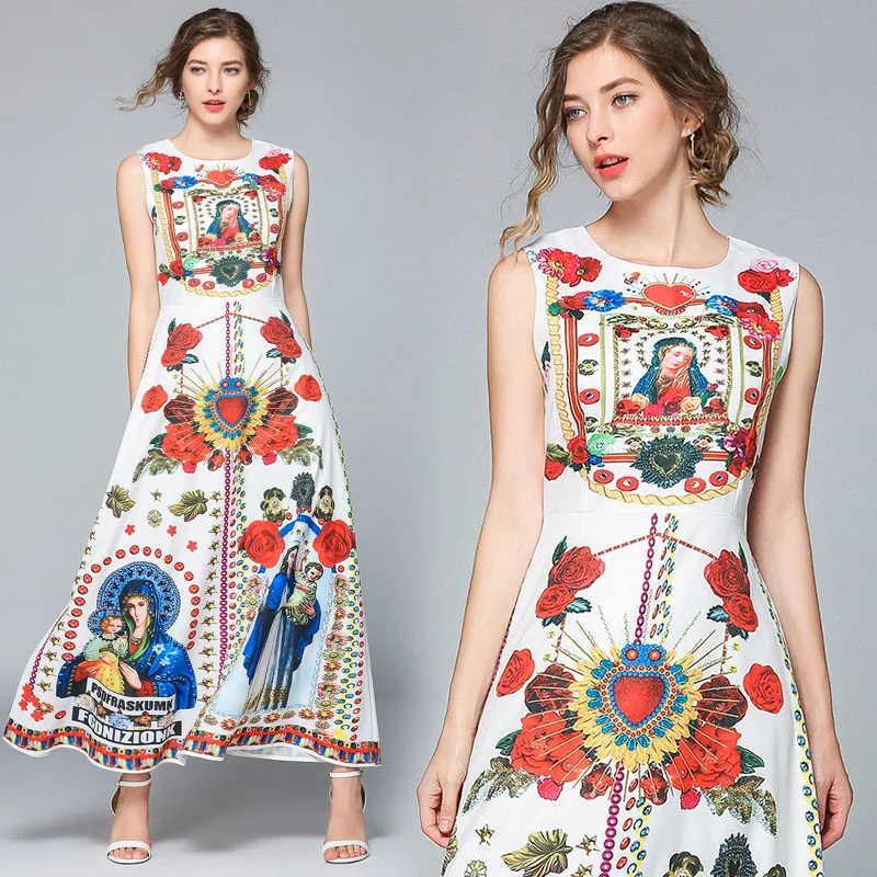 

Hot Selling 2019 Spring And Summer New Style Fashion Europe And America High-End Vintage Baroque Printed Sexy Dress