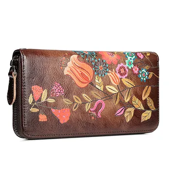

COSYDE Women's Wallet Genuine Leather Female Long Clutch Handy Bag Flower Embossing Vintage Cowhide Money Clips Cards Purse
