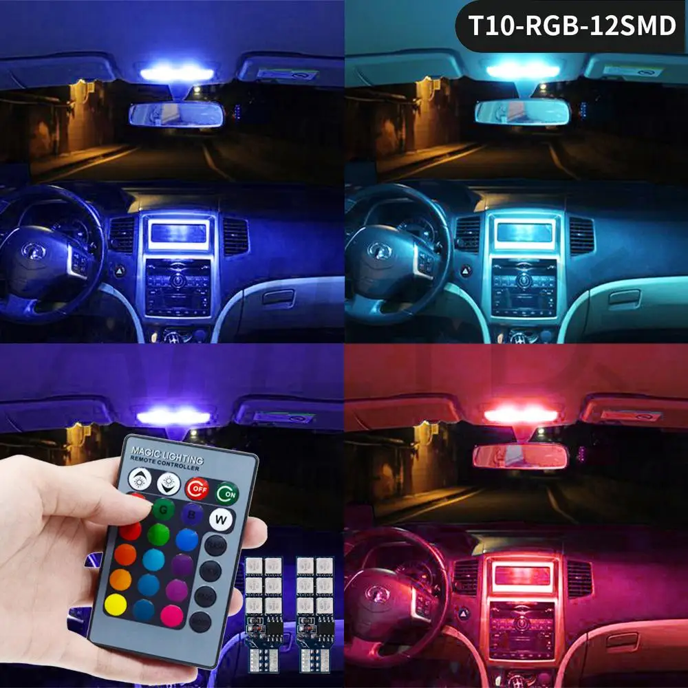 2 шт. T10 W5W 5050 12 светодиодный Светодиодный автомобильный фонарь, светодиодный светильник RGB с пультом дистанционного управления, стробоскоп, светодиодный светильник для чтения, белый, красный, янтарный, 12В