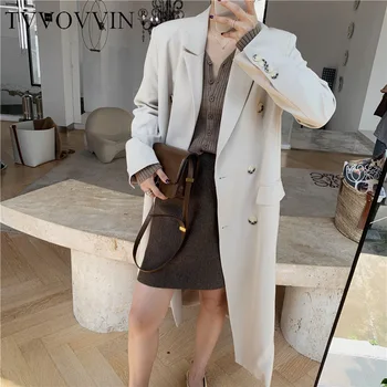 

TVVOVVIN 2019 Autumn Solid Color Concise Both Row Buckle Long Fund Suit Lead Windbreaker Loose Coat Woman Belt ZX293