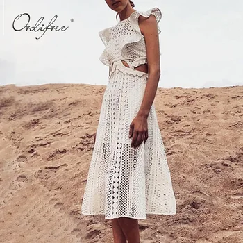 

Ordifree 2020 Summer Women Long Party Dress Hollow Out White Lace Maxi Tunic Beach Dress Holiday Clothes