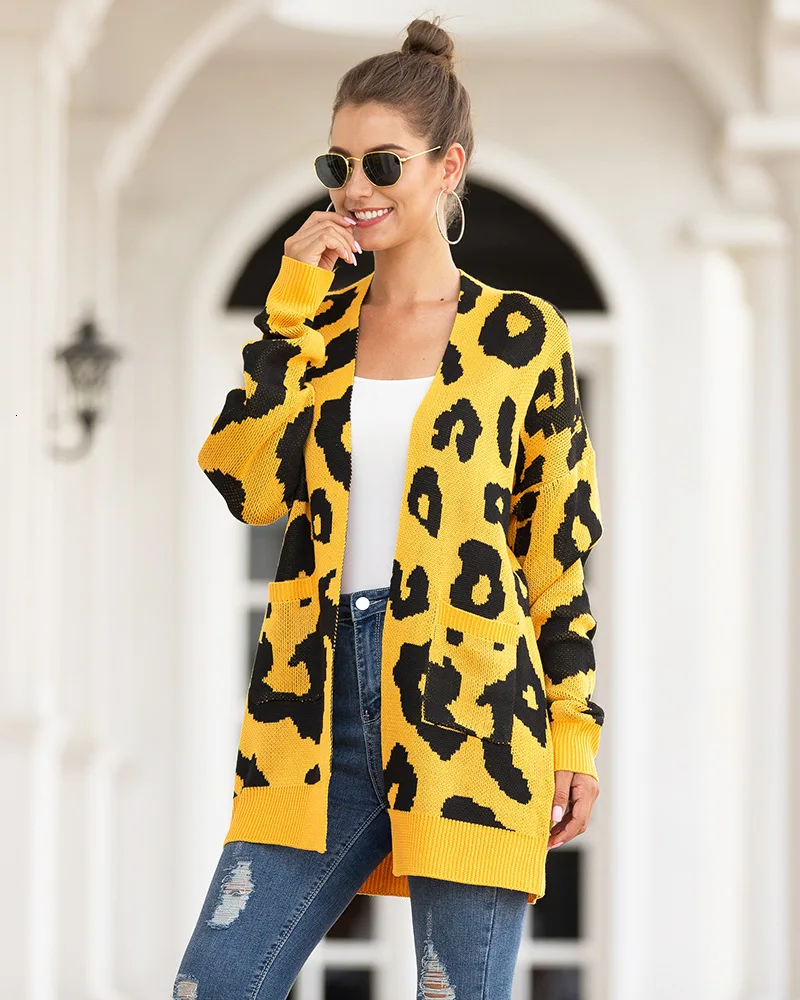 Sweater Girls Long Section Two Pocket Leopard Print Cardigan