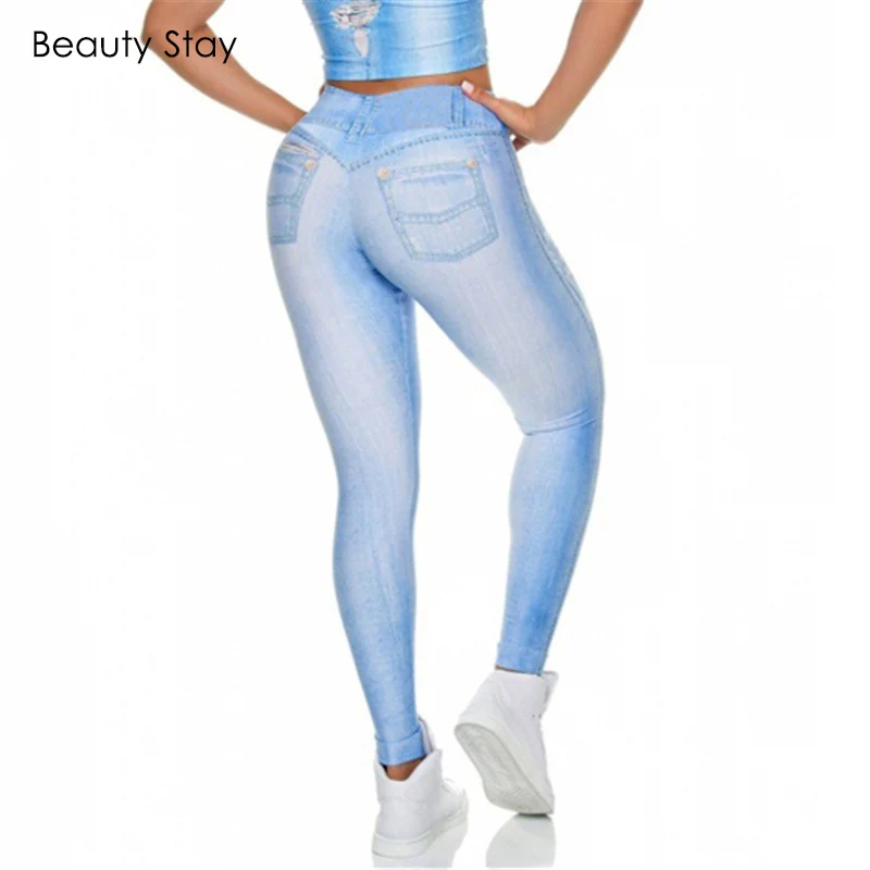 

Beauty Stay Women Leggings Digital Print Denim Elements Seamless Jeans High Waist Skinny Push Up Pencil Stretchy Slim Pants