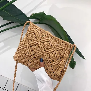 

Tasse Women Handbag Summer Beach Bag Rattan Woven Handmade Knitted Straw Totes Women Shoulder Bag Bohemia