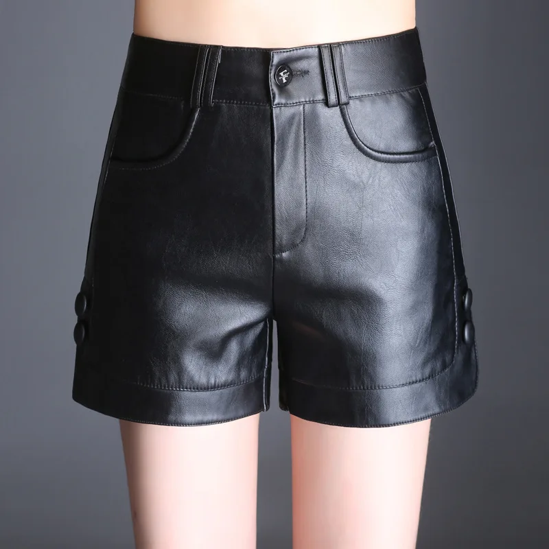 

#0575 Spring Autumn PU Leather Shorts Women Booty Shorts For Plus Size Korean Casual Sexy Faux Leather Shorts Female Black