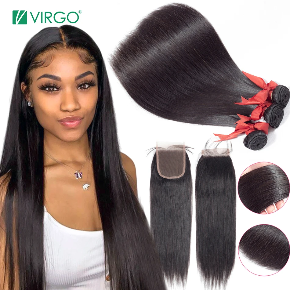 Virgo Straight Bundles With Closure Brazilian Hair Weave Human Extension | Шиньоны и парики