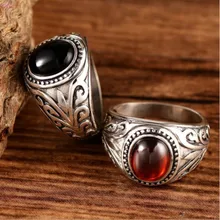 S925 чистое серебряное кольцо черный красный камень старый ротанг мужские кольца для мужчин тайское модное серебро стиль ювелирные изделия