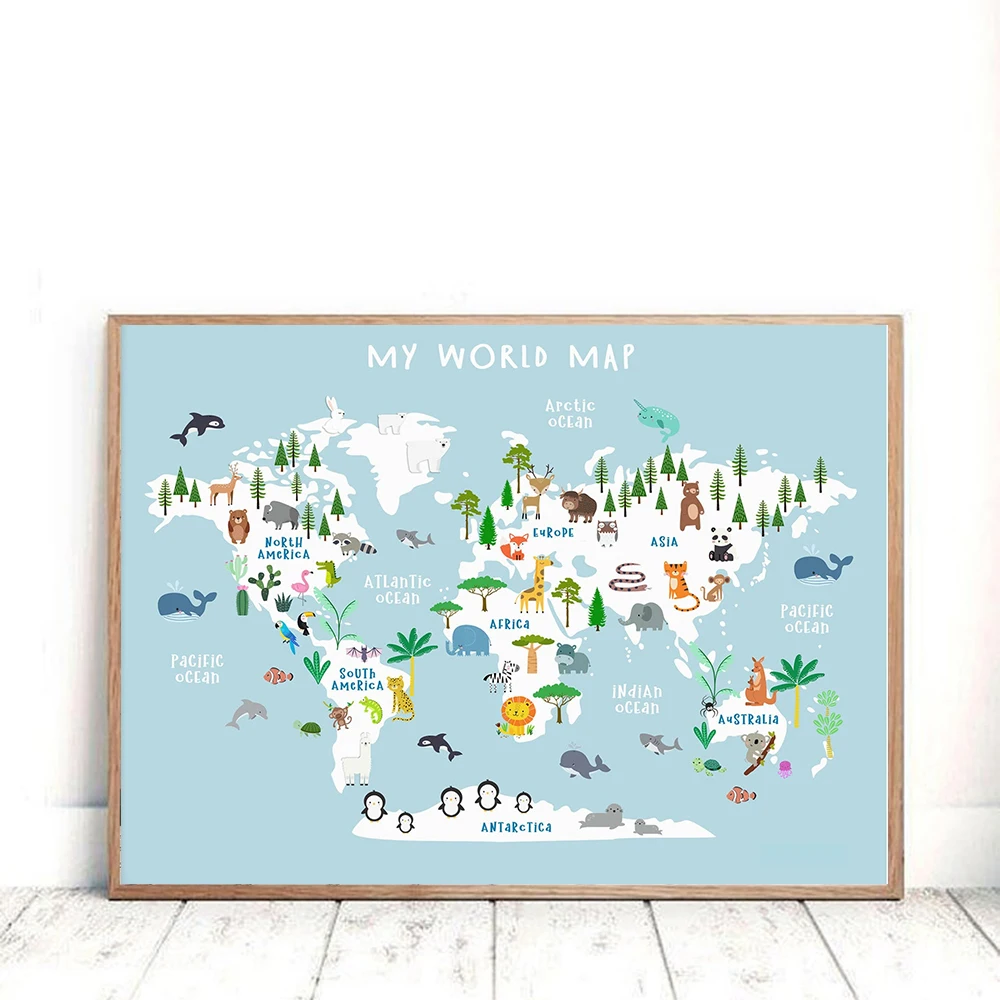 Животные карта мира детская настенная Картина на холсте скандинавские постеры и