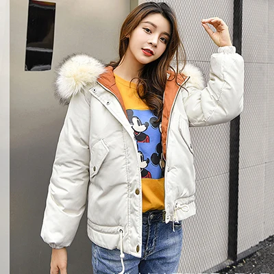 Beige Короткий пуховик с капюшоном и буквенным принтом, женская зимняя повседневная модная куртка-пуховик, Женская Корейская уличная парка, пальто, Офисная Женская верхняя одежда - Цвет: Beige