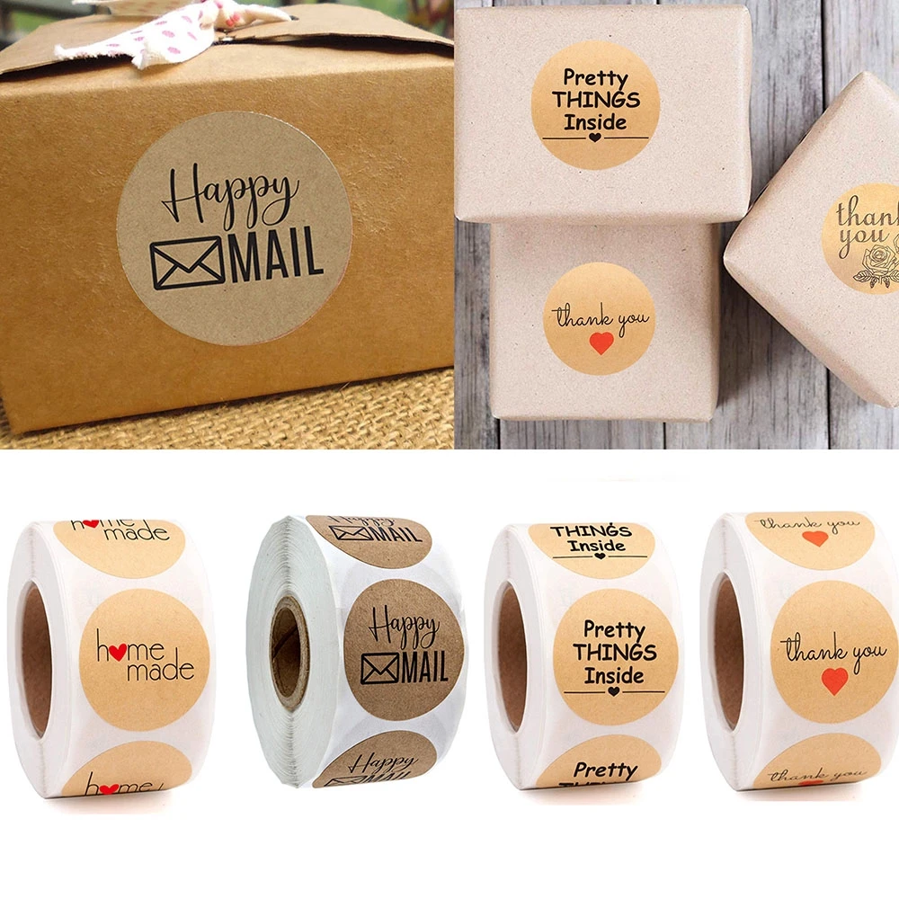 

500 Pcs/Roll Creative Round Thank You Hand Made Kraft Paper Sticker DIY Envelopes Seal Label Gift Bag Decoration