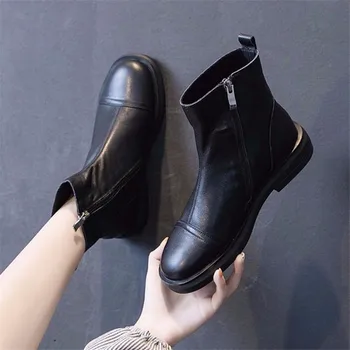 

COOTELILI 2020 New Women Boots Round Toe Mid Heel Shoes For Woman Ladies Shoes Zip Black Beige Basic Botas Mujer Size 35-40