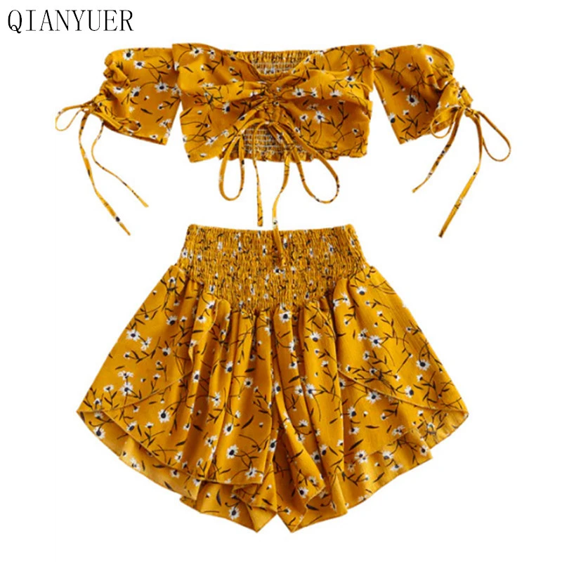 

Women Set Off Shoulder Slash Neck Cinched Floral Short Sleeves Crop Top High Waist Shorts Set Beach Boho Suits Summer
