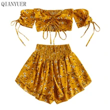 Women Set Off Shoulder Slash Neck Cinched Floral Short Sleeves Crop Top High Waist Shorts Set Beach Boho Suits Summer Women Set Off Shoulder Slash Neck Cinched Floral Short Sleeves Crop Top High Waist Shorts Set Beach Boho Suits Summer