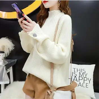 

Winter Knitting Yellow Sweaters Women Pullover 2019 Turtleneck Loose Sweaters Solid Female Casual Knit Pullovers
