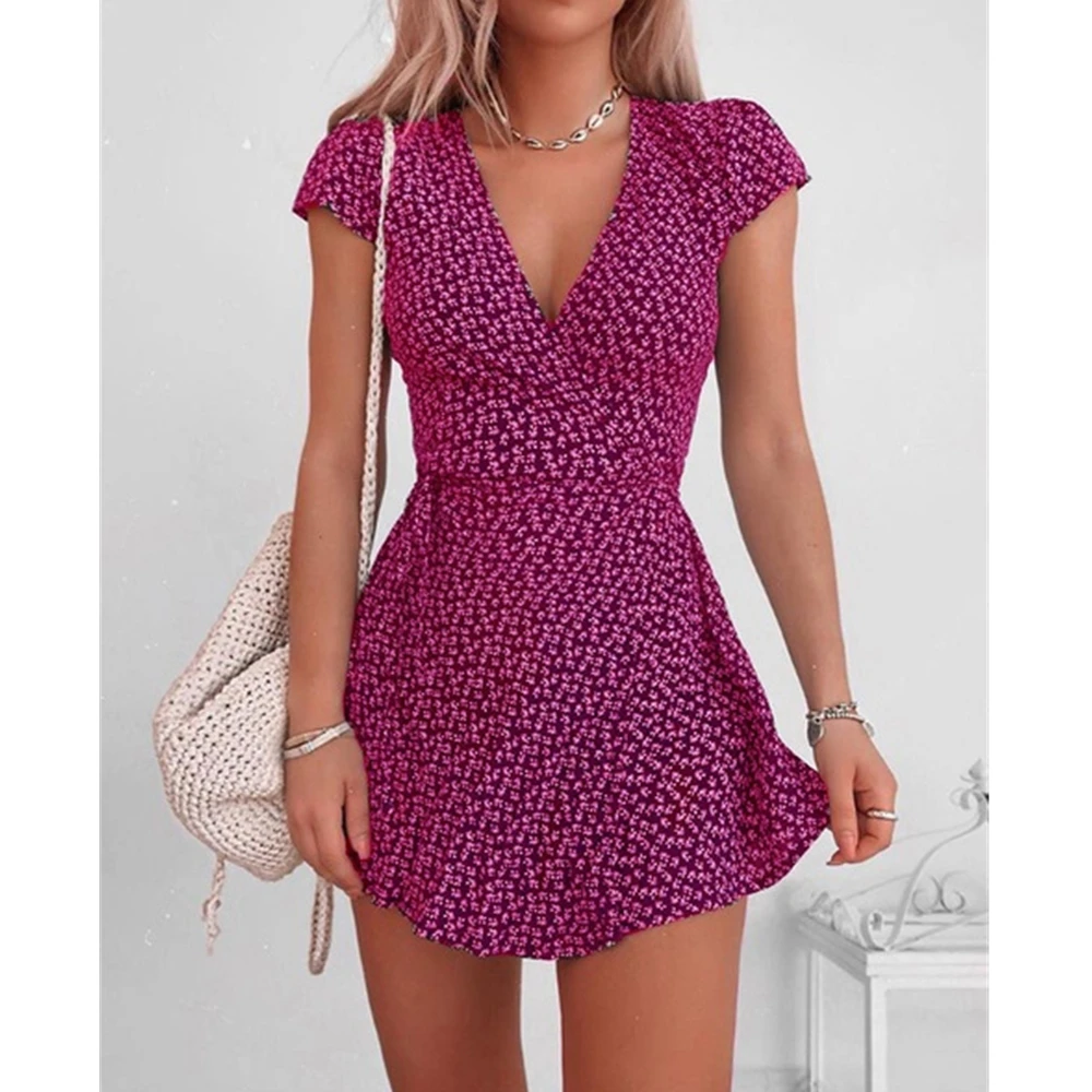 Floral Print Mini Dress for Women Short Sleeve Sexy V-neck Dresses Ladies High Waist Fashion Vestido Summer High Street 2021 party dresses for women