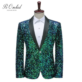 

PEORCHID Shiny Sequins Men Blazer Slim fit Stage Costumes For Singers Men Dress Coats African Groom Wedding Prom Suit Jacket