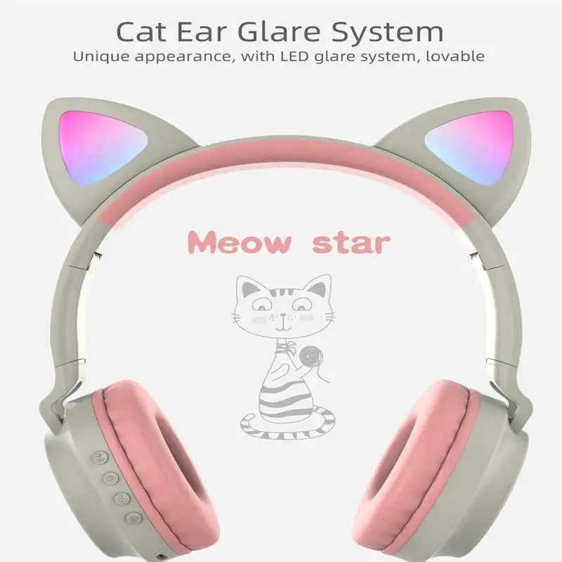 HobbyLane Wireless Bluetooth 5 0 Cute Ear Headphones Foldable Stereo Headset with Mic LED Light Volume Control Support For Kids