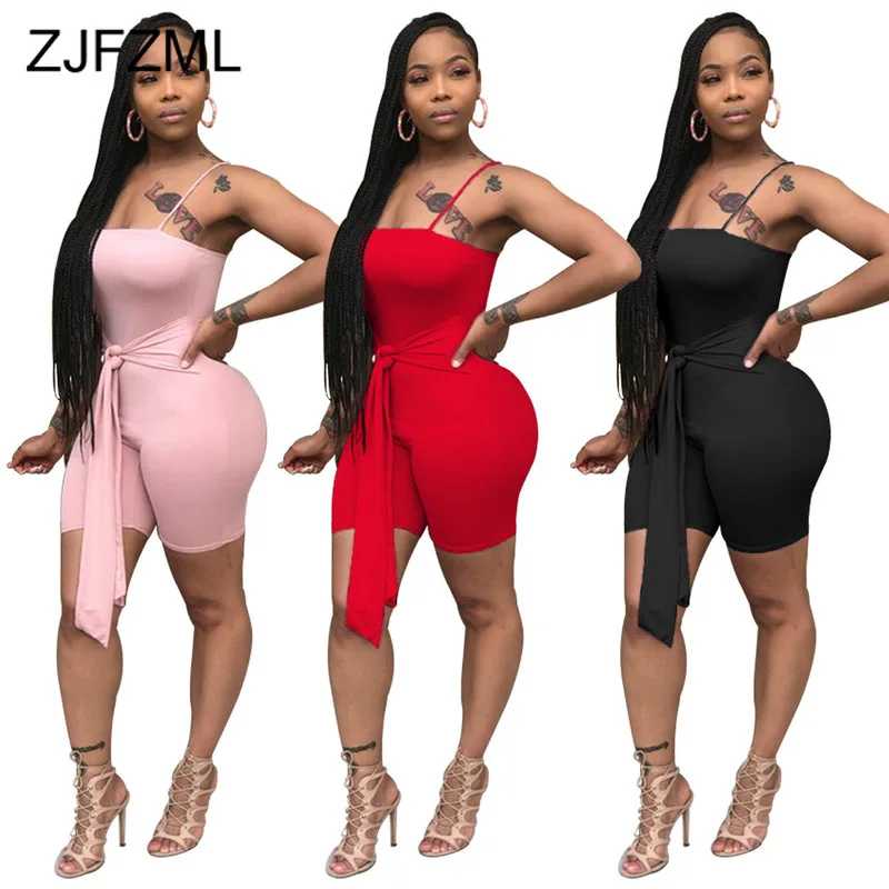 

Spaghetti Strap Summer Fitness Playsuit For Women Strapless Sleeveless Beach Outfits Casual Mujer Tie Up Backless Bodycon Romper