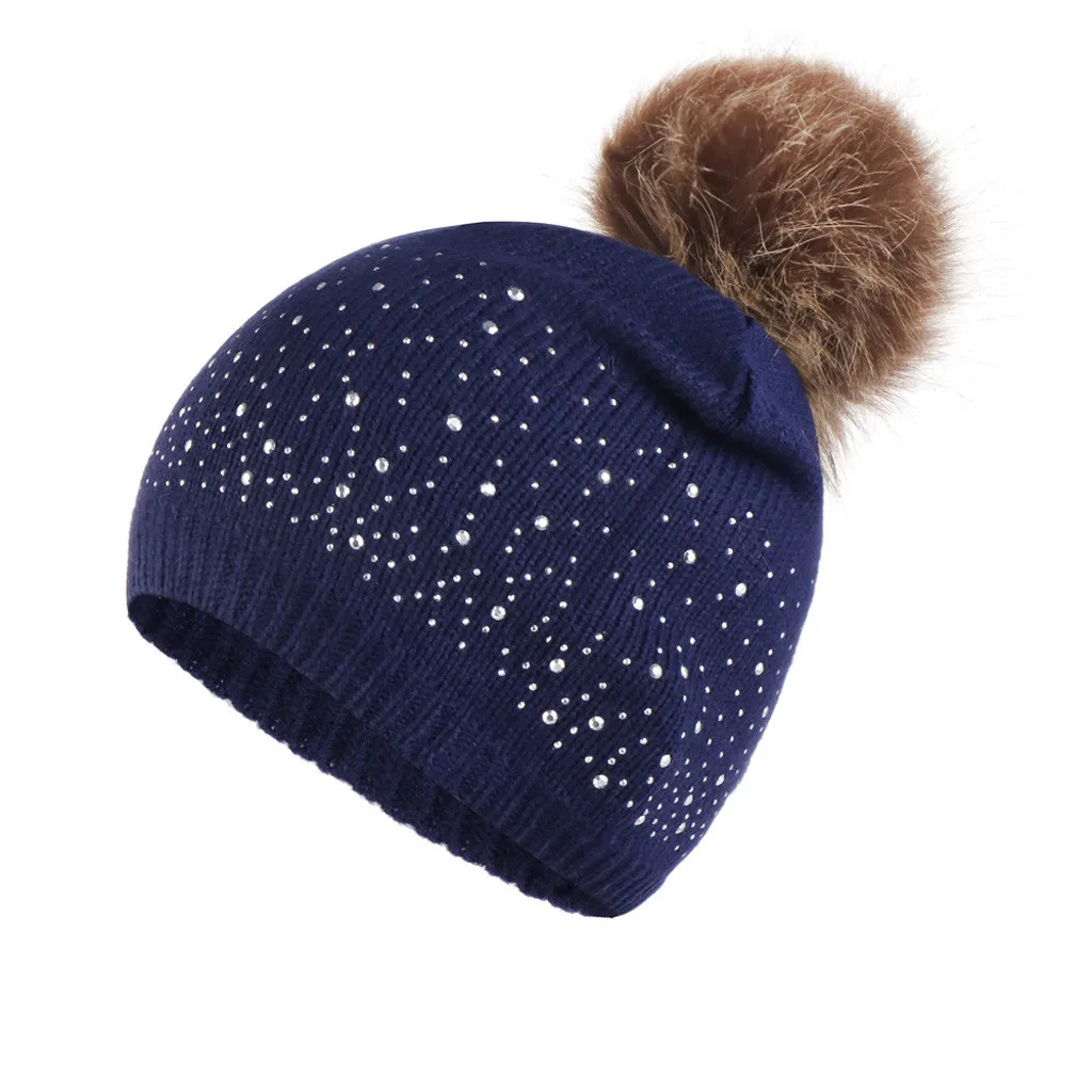 Women pompom Beanies Knitting Woo Hemming Hat Rhinestone Keep Warm Winter Hairball Cap Headwear gorro invierno mujer caps hat