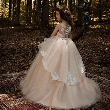 

V-neck Flower Girl Dresses For Wedding V-neck Sheer Back Ball Gown Lace Appliques Sleeveless Girls Holy First Communion Gowns