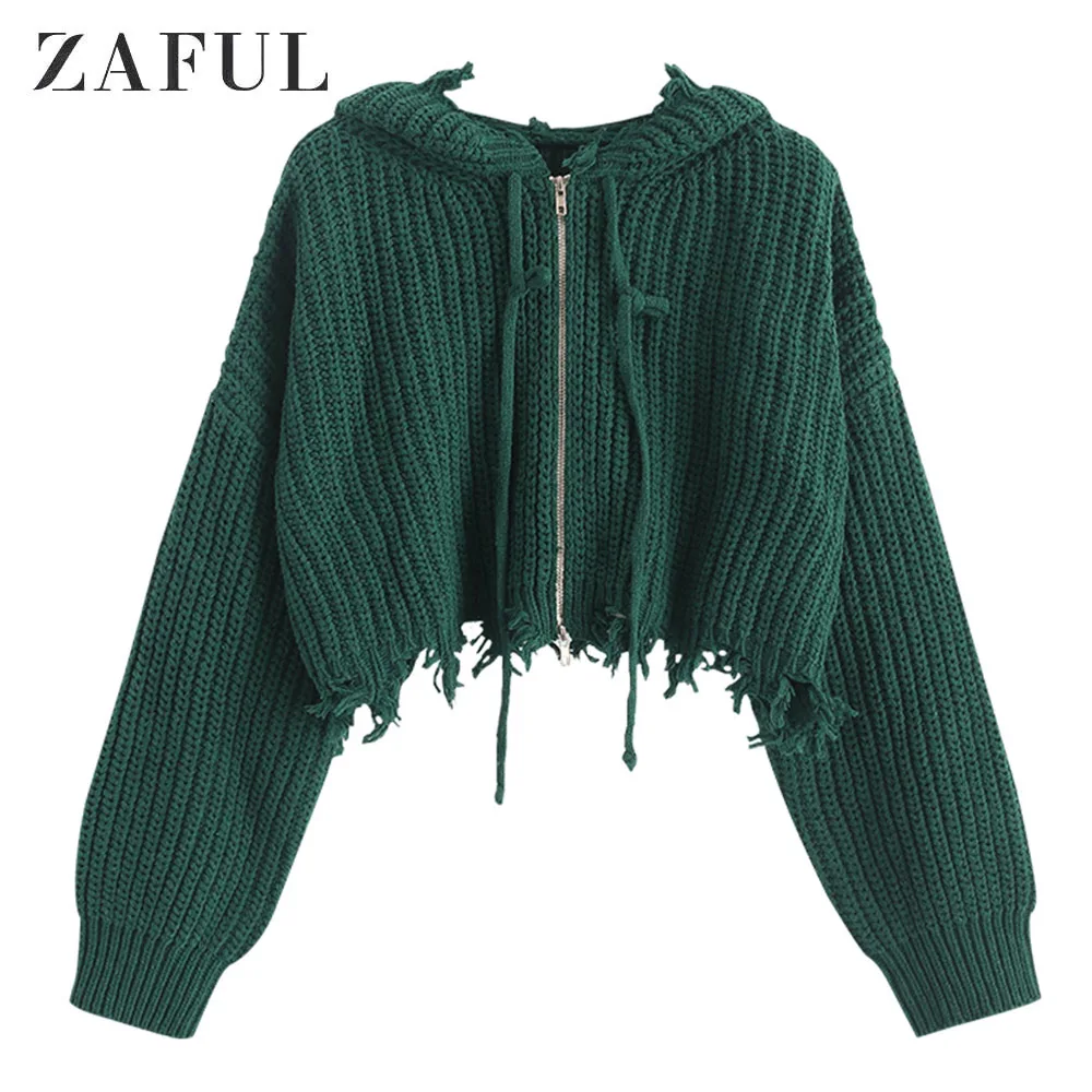ZAFUL с капюшоном и застежкой-молнией проблемных укороченная куртка-на толстом