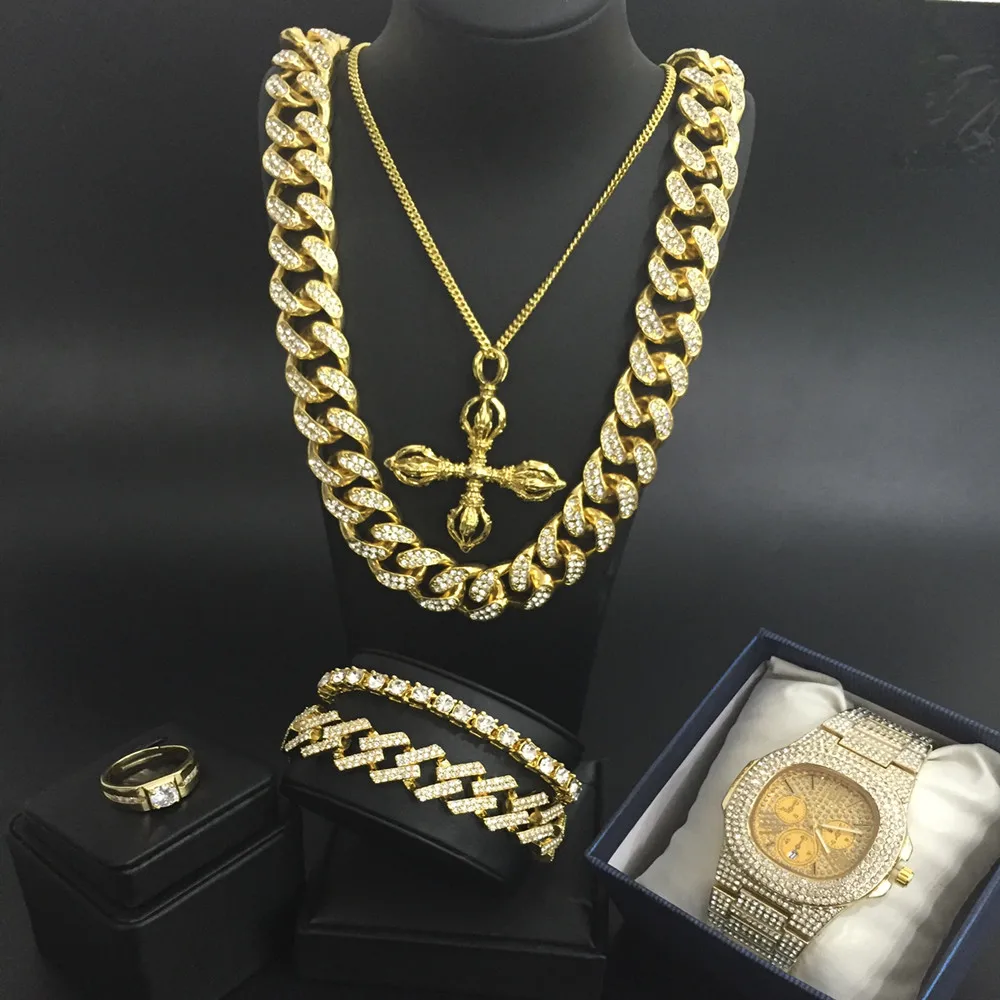 Hip Hop Men necklace luxury men Watch& Necklace& Pendant& Bracelet& ring Combo Set ice out watch Hip Hop Jewelry Set For men - Окраска металла: gold