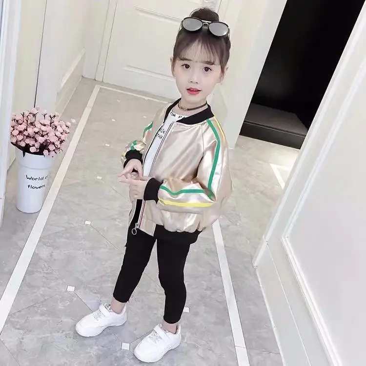 discount  Kids Sport Leather Jacket Fall Girls Hoodies Coat Reflective Silver Long Sleeve Outerwear Polyester