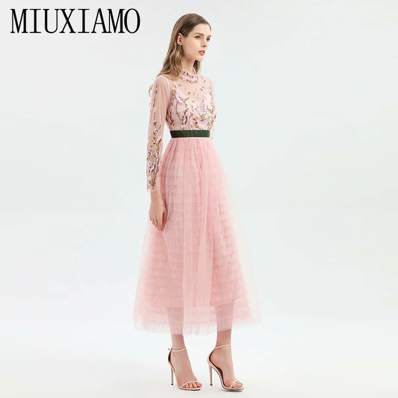 MIUXIMAO, высокое качество,, весеннее платье с цветочной вышивкой, роскошное, длинный рукав, марля, элегантное, повседневное, милое платье для женщин, vestidos