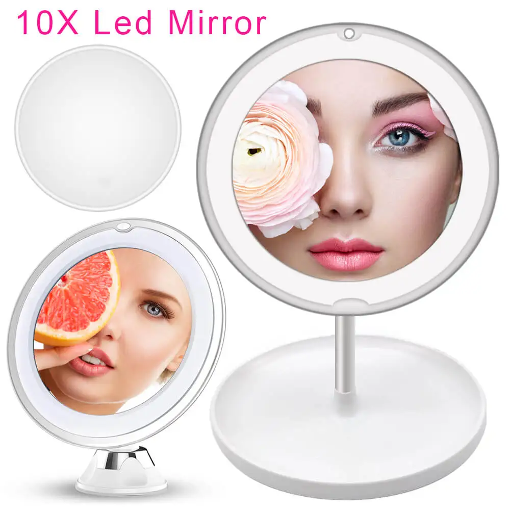 Светодиодный светильник, зеркало для макияжа, лампа 10X, лупа, батарея, увеличительное стекло для макияжа, мини, для ванной, косметическая, для ванной, умная присоска