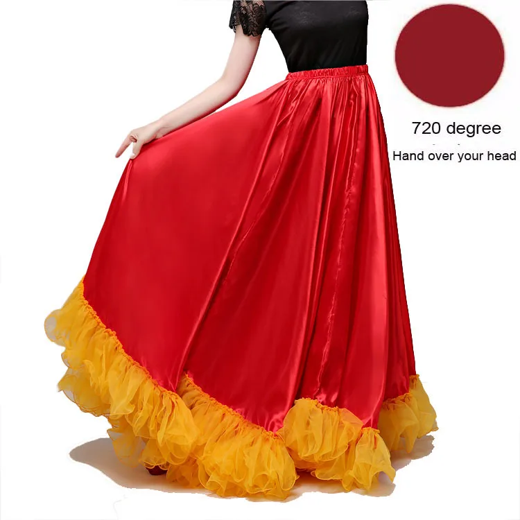 Модная Великолепная Женская юбка для танца живота размера плюс, платье для испанского фламенко, одежда для команды, кружевная атласная одноцветная гладкая юбка - Цвет: Red skirt 720 degree