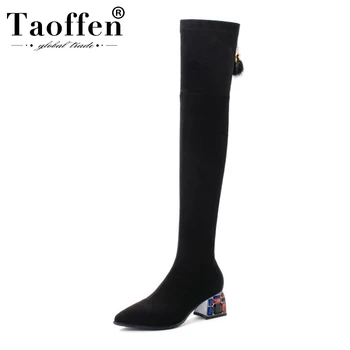 

Taoffen 2020 Women Stretch Boots Real Leather Pointed Toe Office Work Winter Boots Daily Party Brand Shoes Women Size 33-43