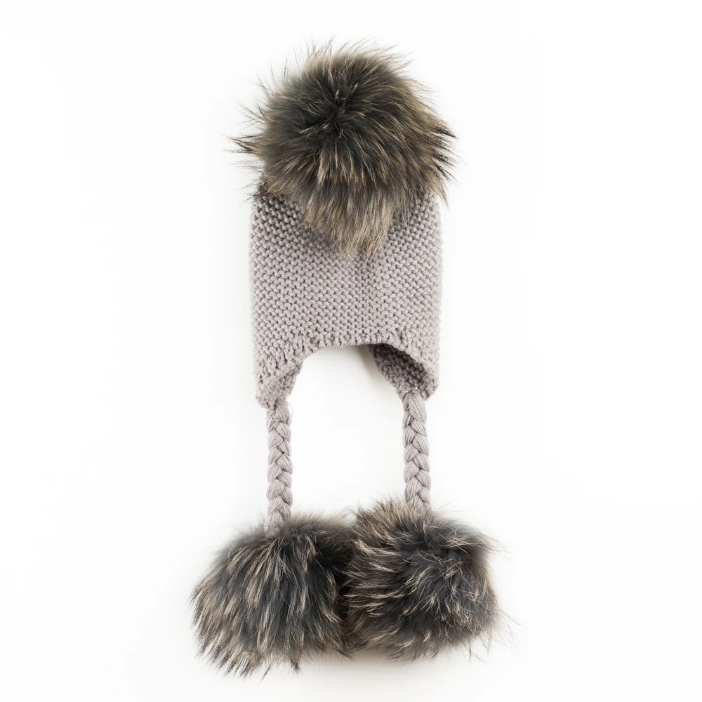 15-16cm Real Fur Ball Pompom Kids Wool Hat Child Winter Warm Cute Knit Hat Baby Beanie Cap 1-6 Years Old