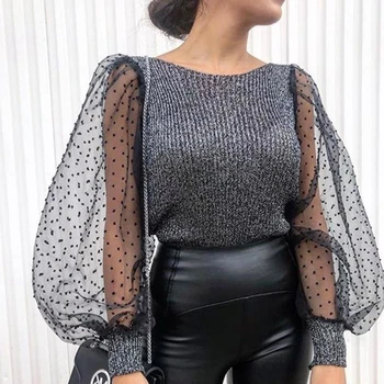 

Women Puff Sleeve Tops Pullover Sweater Blouse Loose Jumper Sheer Mesh Dot Shirt