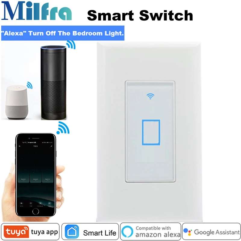 

Milfra Wifi Switch Neutral Wire Required Light Smart Switch US Touch Wall Switch for Google Home Assistant Alexa Tuya Smart Life