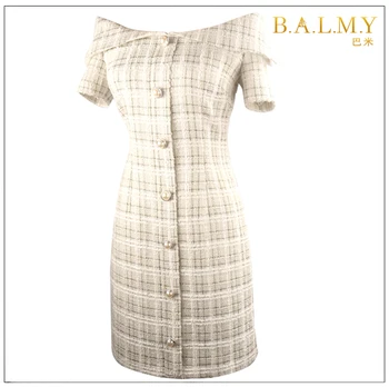 

New Small fragrance small dress off shoulder one line collar hip dress celebrity party date dress fashion