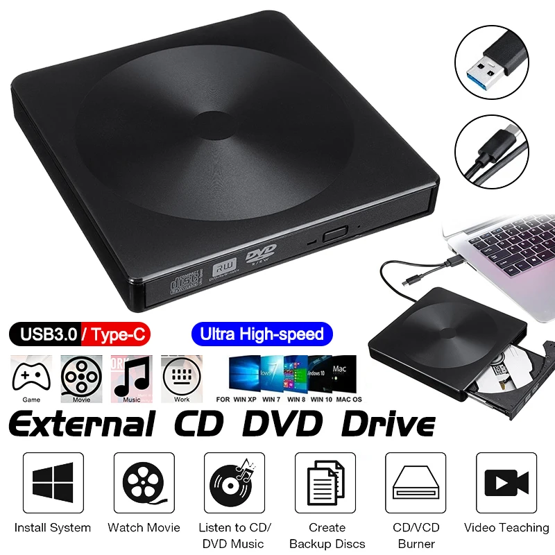 

USB 3.0 External CD DVD Drive Burner High Speed Writer Reader RW Drive ROM Player for Laptop Mac Windows PC