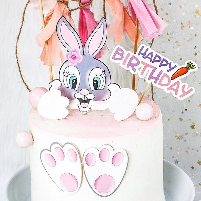 Cartoon Rabbit Cupcake Toppers Happy birthday bunny Cake Topper ...