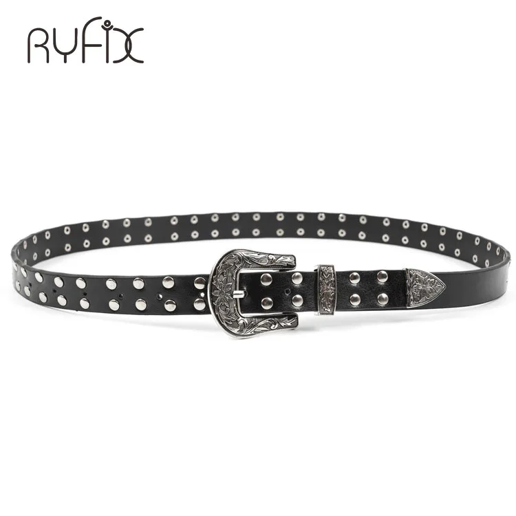 New Women's Belt Black Double Rivets Woman Waist Belts Leather Luxury