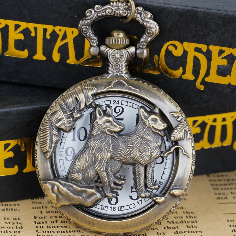 Retro Bronze Hollow Wolf Dial Design Quartz Pocket Watch Chain Necklace Pendant FOB Steampunk Watches men women | Наручные часы