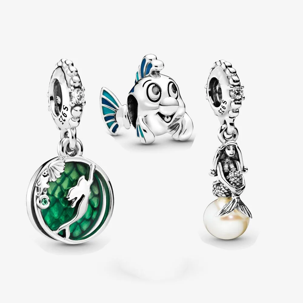 

2019 New Authentic 925 Sterling Silver Little Mermaid Flounder Charm 3pcs Fit pandora Bracelet Necklace Charm DIY Jewelry