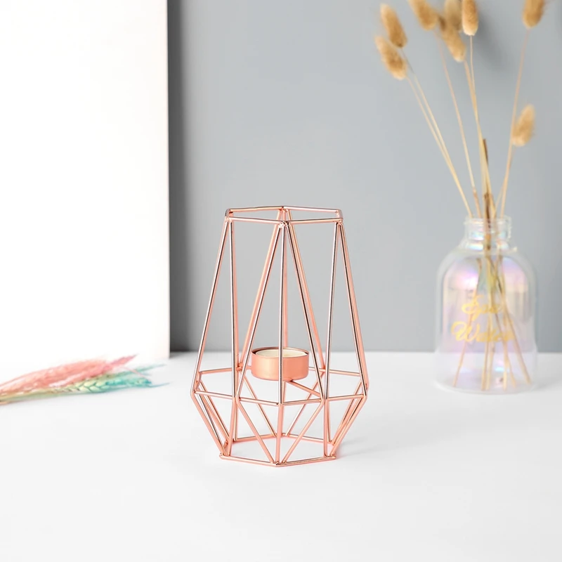 

Rose Gold Nordic Style Wrought Iron Geometric Candlesticks Home Decoration Metal Crafts For Place The Candle Table Decorative