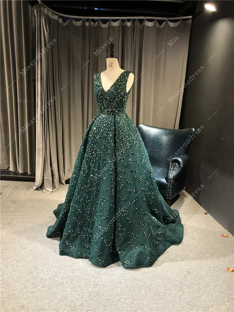 вечерние платья 100%Real Sample Dark Green Heavy Beads Sleeveless Deep V-neck Floor Length Prom Party Evening Gown Dresses black evening dresses