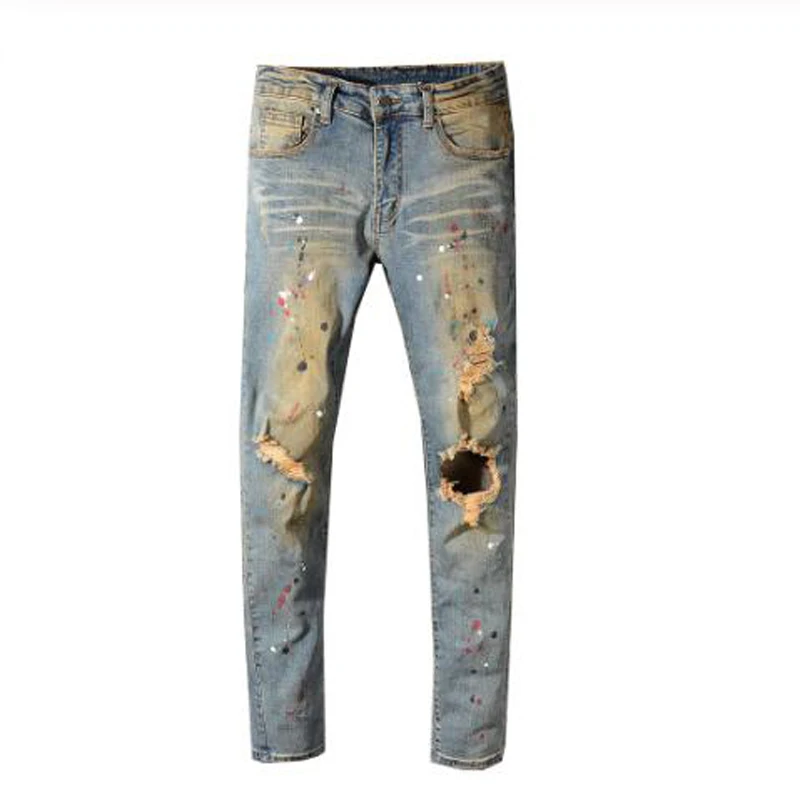 

New Men's male fashion painted holes ripped torn denim jeans Vintage blue distressed stretch denim pants High quality trousers