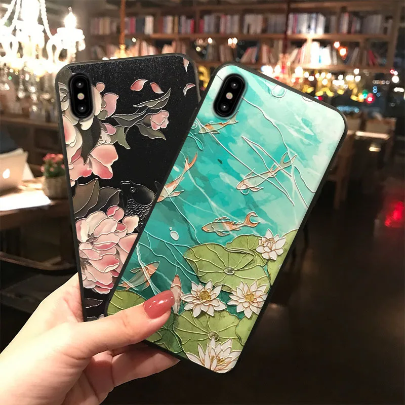

Lotus Koi Embossed Phone Case for iPhone XS MAX XR X 8 7 6S 6 Coque Fashion Pink Flower Back Cover for OPPO R15 R17 Fundas