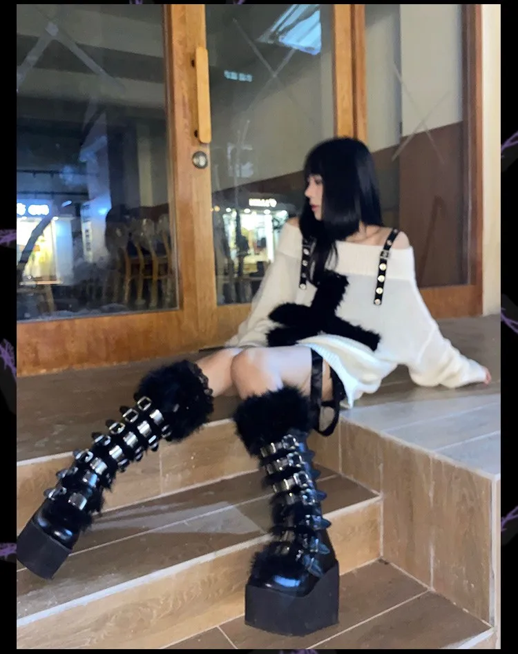 Karrram Harajuku Gothic Knitted Sweaters Punk Girls Cross Off Shoulder Loose Sweater Outwear Autumn Winter Streetwear Emo Grunge