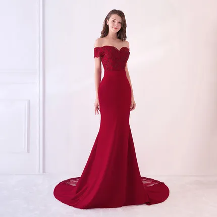 Burgundy Это Yiya вечернее платье, с вырезом лодочкой аппликации с коротким рукавом женские вечерние платья Lllusion Русалка с открытыми плечами Robe De Soiree V118 - Цвет: Burgundy
