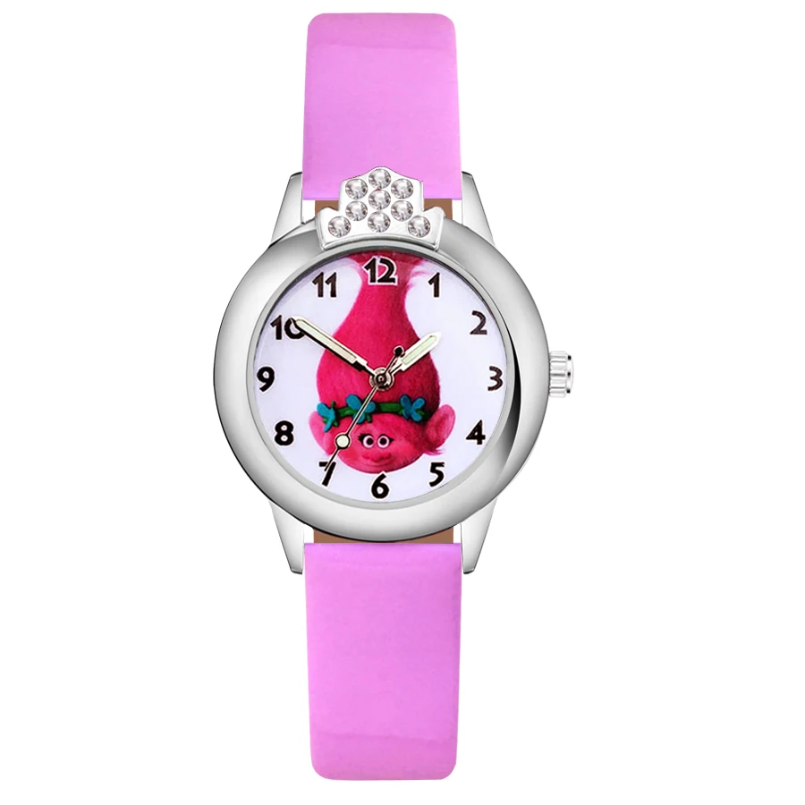 Pink Детские часы с милыми мультяшными троллями, с кристаллами, Детские кварцевые наручные часы с кожаным ремешком для девочек, JK38 - Цвет: Pink