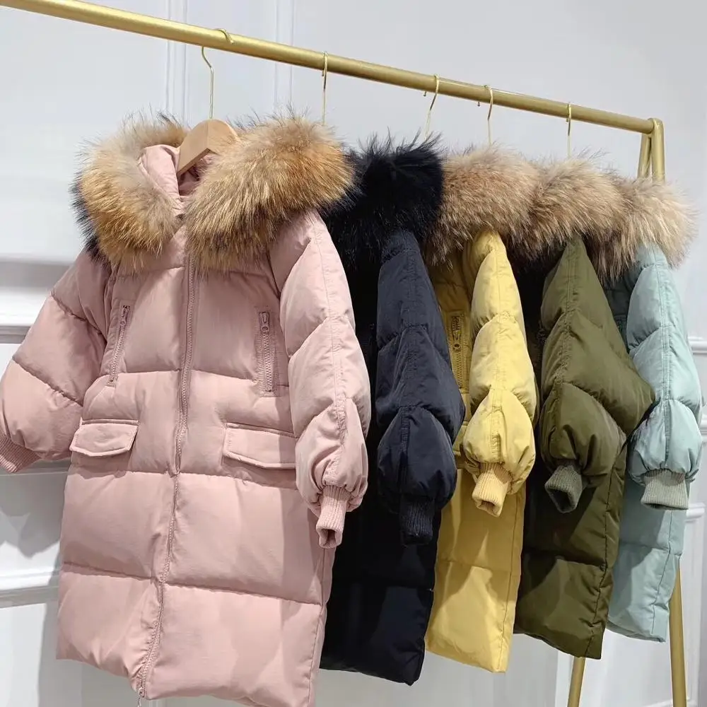 

kids jacket winter thicken warm down jacket solid pink blue black fur collar girls outwear hooded jackets
